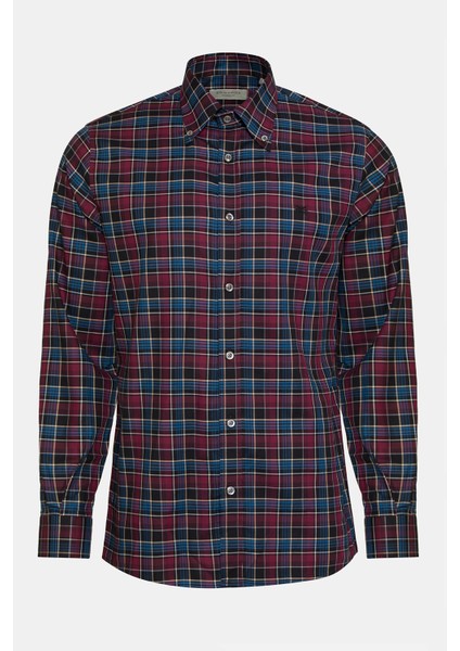 Erkek Bordo Cooper Fit Düğmeli Yaka Ekoseli Twill Gömlek