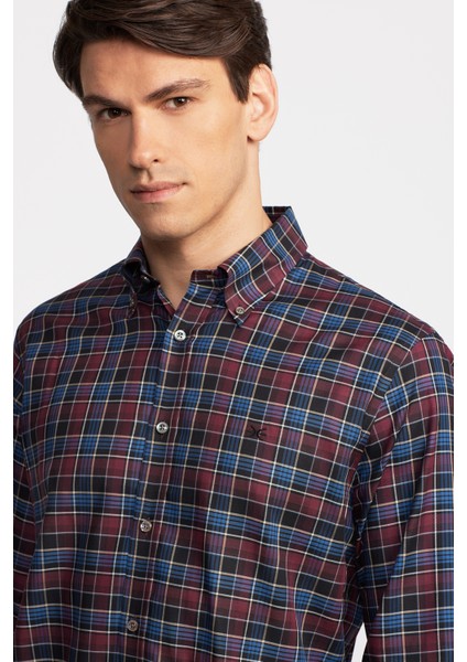 Erkek Bordo Cooper Fit Düğmeli Yaka Ekoseli Twill Gömlek modelleri