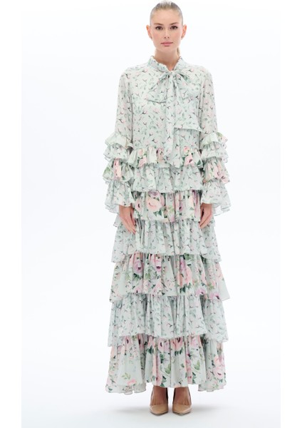 Desenli Kat Kat Elbise Mint