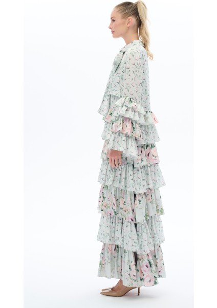 Desenli Kat Kat Elbise Mint modelleri