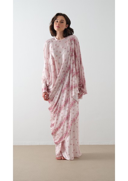 Desenli Kaftan Elbise Pudra