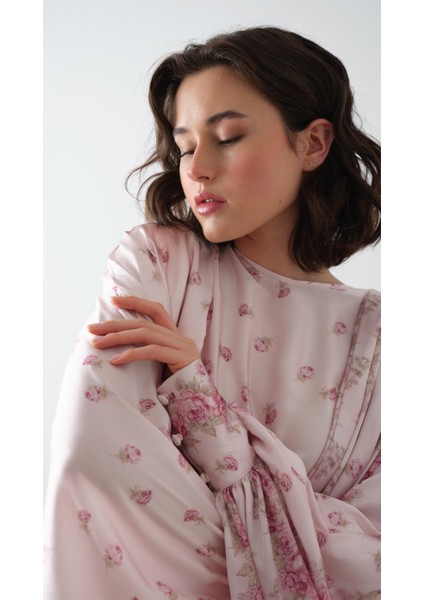 Desenli Kaftan Elbise Pudra modelleri