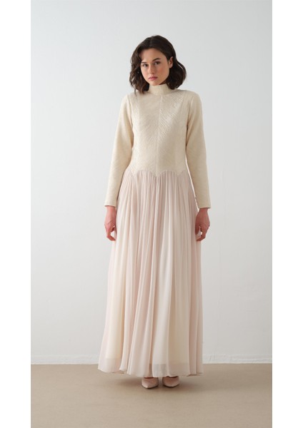 Balıkçı Yaka Krep Şifon Elbise Ekru