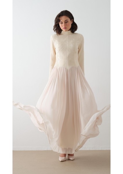 Balıkçı Yaka Krep Şifon Elbise Ekru modelleri