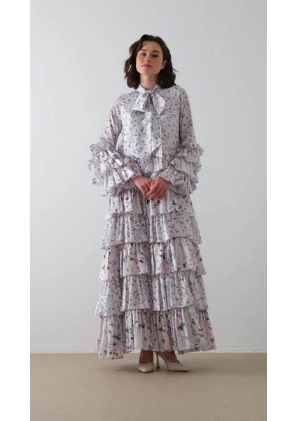 Desenli Kat Kat Elbise Lila