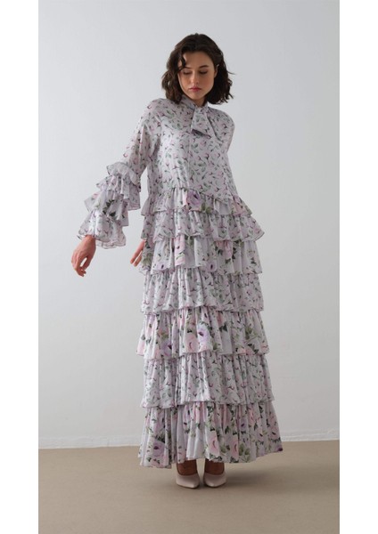 Desenli Kat Kat Elbise Lila modelleri