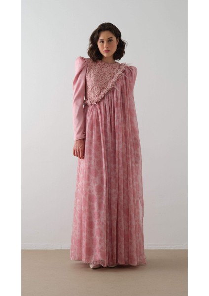 Omuzdan Dantel Detaylı Pelerin Elbise Gül Kurusu