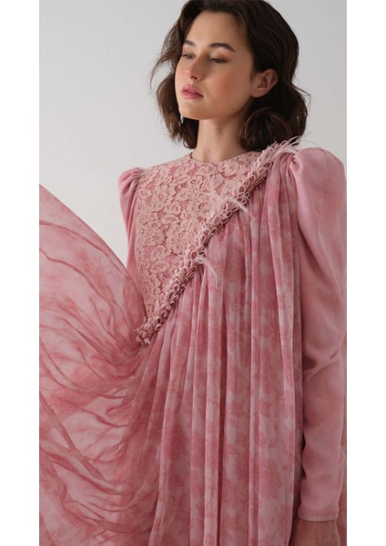 Omuzdan Dantel Detaylı Pelerin Elbise Gül Kurusu fiyatları