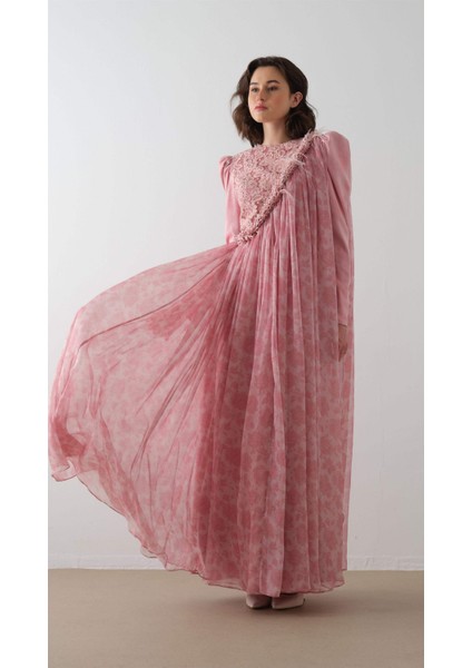 Omuzdan Dantel Detaylı Pelerin Elbise Gül Kurusu modelleri