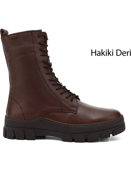 Kadın Kahve Fermuarlı Kauçuk Taban Hakiki Deri Postal Bot