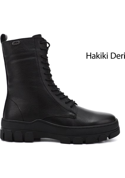 Kadın Siyah Fermuarlı Kauçuk Taban Hakiki Deri Postal Bot