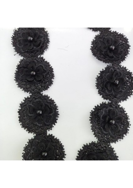 3,5*4 cm Siyah Incili Boncuklu Çiçek Şerit -Siyah Dantel Çiçek Süs-Aplik – Zarif 2 Metre indirimleri