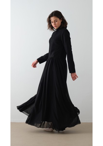 Balıkçı Yaka Krep Şifon Elbise Siyah fırsatları