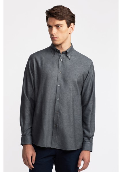 Erkek Koyu Gri Cooper Fit Düğmeli Yaka Flannel Gömlek modelleri