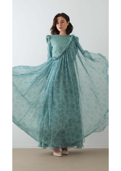 Omuzdan Dantel Detaylı Pelerin Elbise Yeşil modelleri