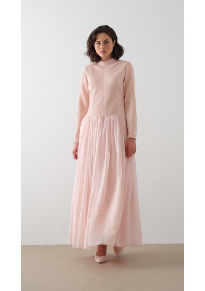 Balıkçı Yaka Krep Şifon Elbise Pudra