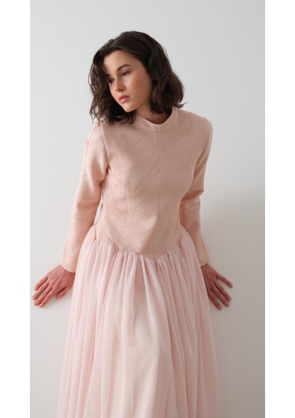 Balıkçı Yaka Krep Şifon Elbise Pudra fiyatları