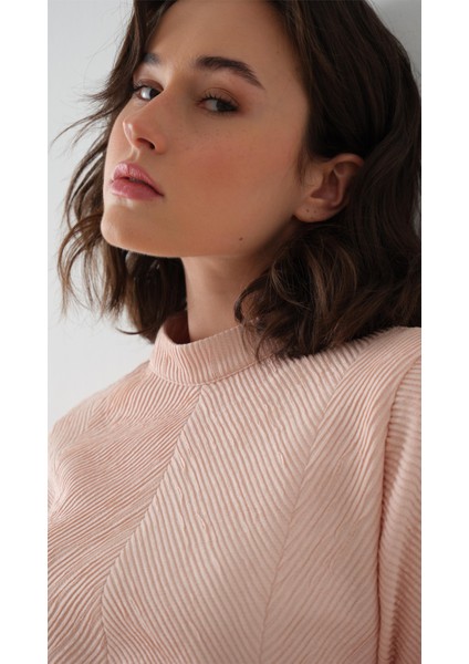 Balıkçı Yaka Krep Şifon Elbise Pudra modelleri