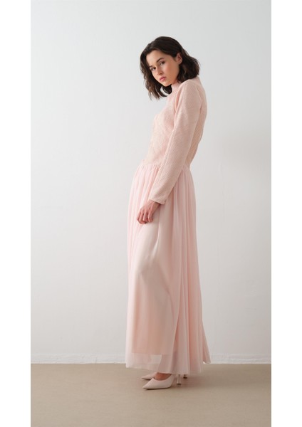 Balıkçı Yaka Krep Şifon Elbise Pudra fırsatları