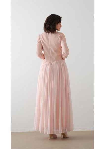 Balıkçı Yaka Krep Şifon Elbise Pudra indirimleri