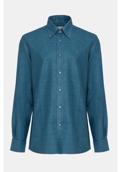 Erkek Indigo Cooper Fit Düğmeli Yaka Flannel Gömlek