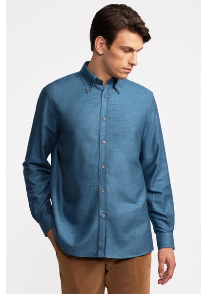 Erkek Indigo Cooper Fit Düğmeli Yaka Flannel Gömlek modelleri