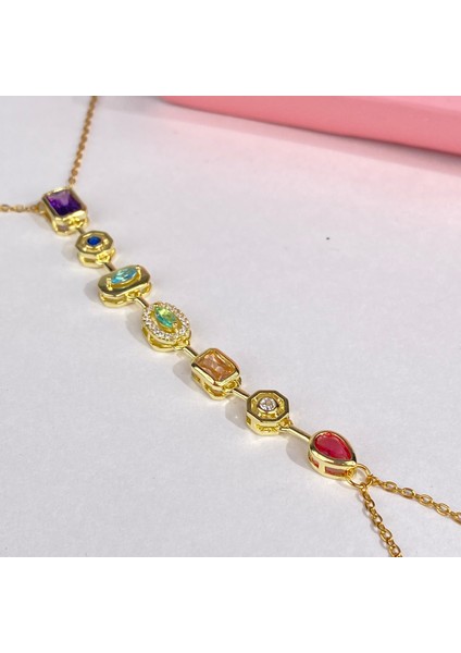 14 Ayar Gold Kaplama 7 Element Şahmeran , Renkli Kristal Taşlı Altın Kaplama Zarif El Zinciri modelleri