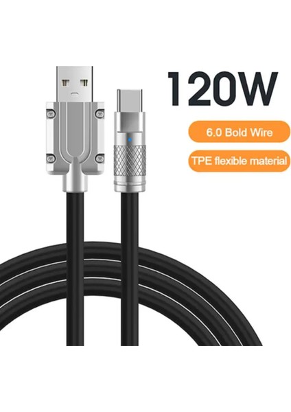 120W 6A LED Işıklı Süper Hızlı Silikon Type-C Şarj Kablosu