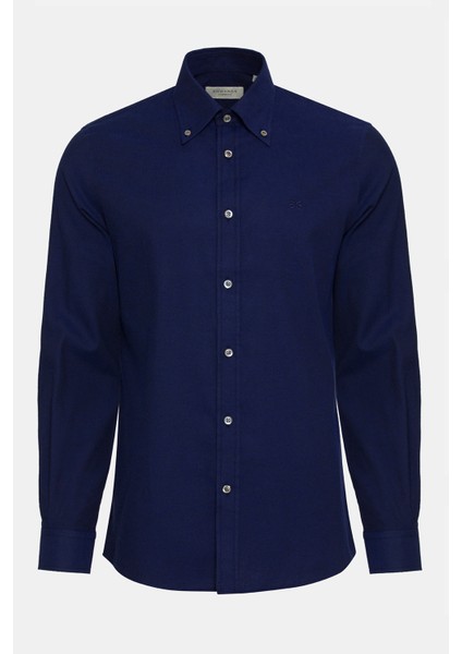 Erkek Lacivert Cooper Fit Düğmeli Yaka Flannel Gömlek