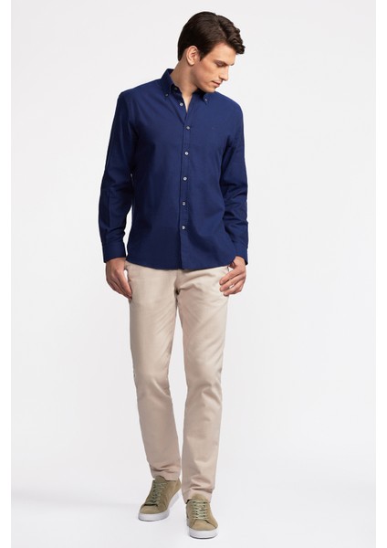 Erkek Lacivert Cooper Fit Düğmeli Yaka Flannel Gömlek fiyatları