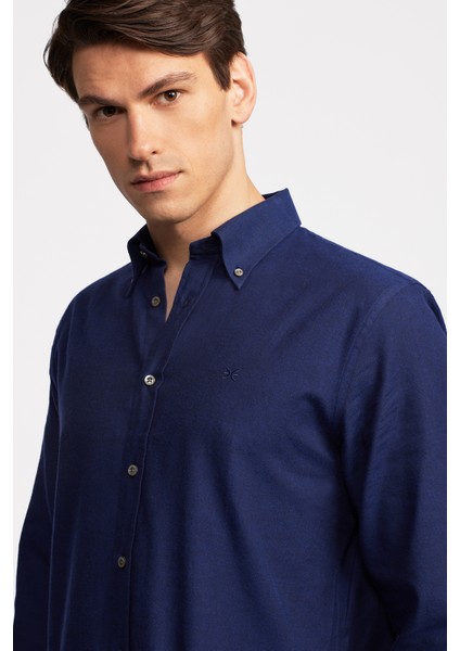 Erkek Lacivert Cooper Fit Düğmeli Yaka Flannel Gömlek modelleri