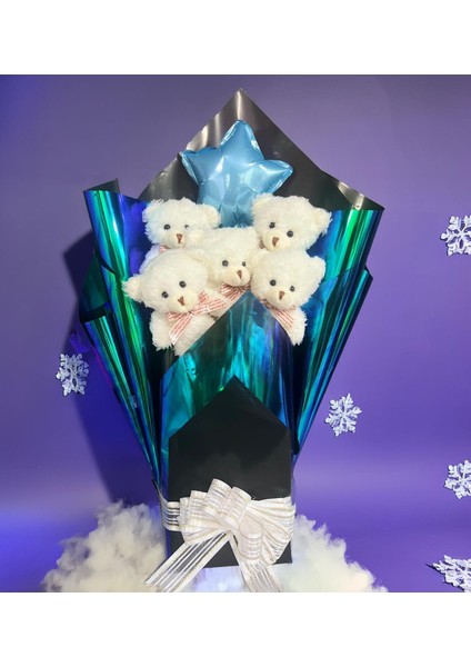 Premium Yıldız Balonlu, Hologramlı Sunumda Beyaz Peluş Ayıcık Buketi fiyatları