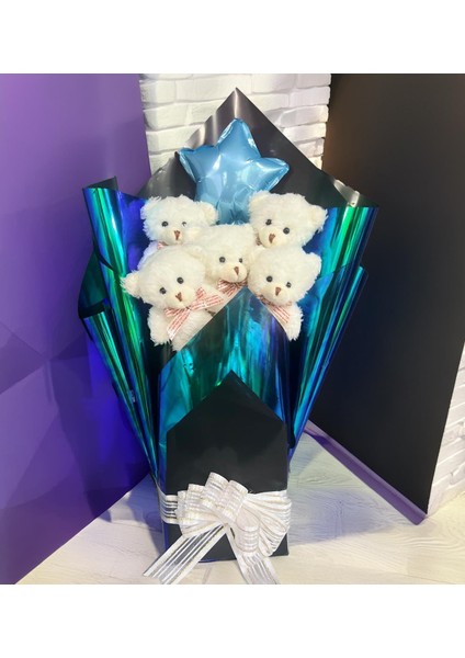 Premium Yıldız Balonlu, Hologramlı Sunumda Beyaz Peluş Ayıcık Buketi modelleri