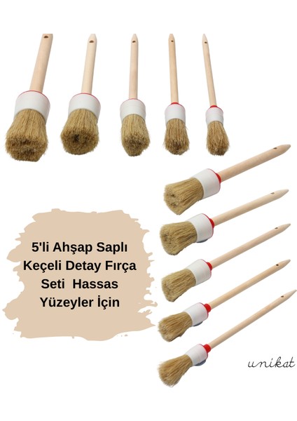 5'li Ahşap Saplı Keçeli Detay Fırça Seti Hassas Yüzeyler Için Uygundur
