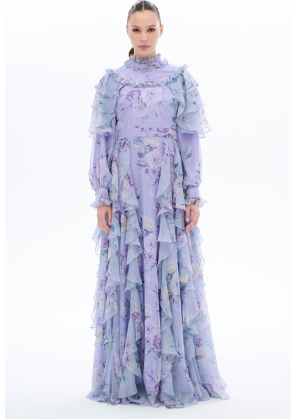 Omuz ve Etek Yanı Büzgülü Elbise Lila