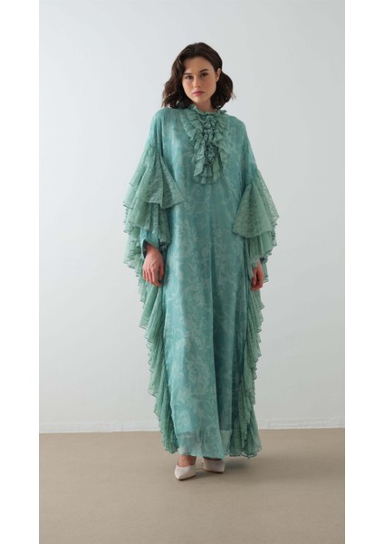 Kolları Dantel Fırfırlı Kaftan Elbise Mint