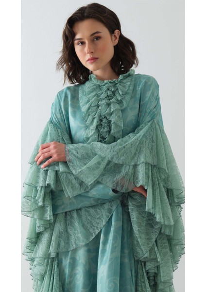 Kolları Dantel Fırfırlı Kaftan Elbise Mint fiyatları