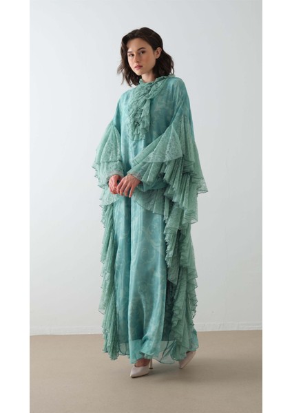 Kolları Dantel Fırfırlı Kaftan Elbise Mint modelleri