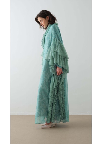 Kolları Dantel Fırfırlı Kaftan Elbise Mint fırsatları