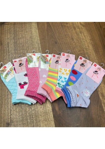 Desenli Renkli Pamuk Kız Çocuk Patik Çorap (12 Adet) 2 Ile 11 Yaş Arası Bedenlerde.