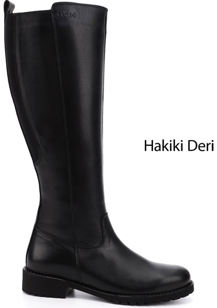 Kadın Siyah Fermuarlı Kauçuk Taban Hakiki Deri Çizme