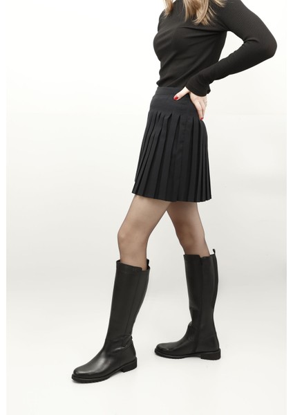 Kadın Siyah Fermuarlı Kauçuk Taban Hakiki Deri Çizme fiyatları