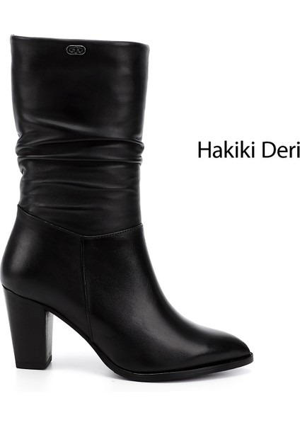 Kadın Siyah Sivri Burun Körüklü Kalın Topuklu Hakiki Deri Çizme