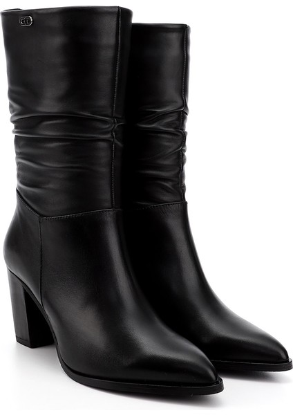 Kadın Siyah Sivri Burun Körüklü Kalın Topuklu Hakiki Deri Çizme modelleri