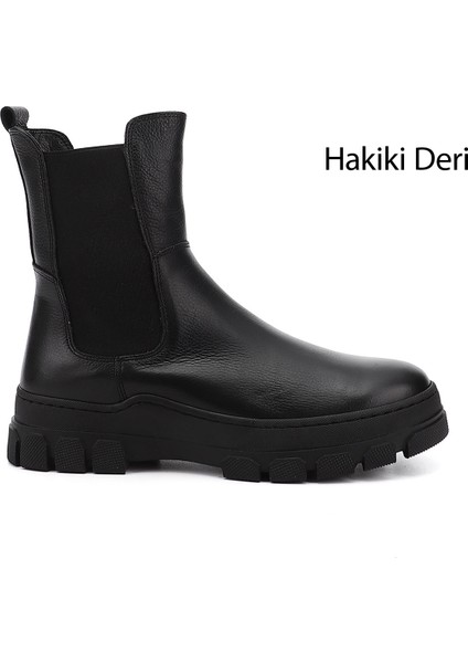 Kadın Siyah Kauçuk Taban Hakiki Deri Chelsea Bot