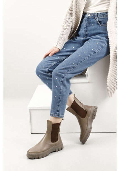 Kadın Açık Vizon Kauçuk Taban Hakiki Deri Chelsea Bot fiyatları