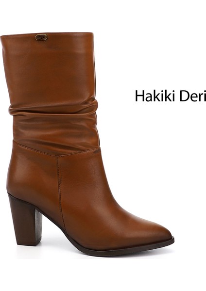 Kadın Taba Sivri Burun Körüklü Kalın Topuklu Hakiki Deri Çizme