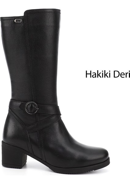 Gön Hakiki Deri Yuvarlak Burun Kauçuk Taban Topuklu Fermuarlı Kadın Çizme 46575