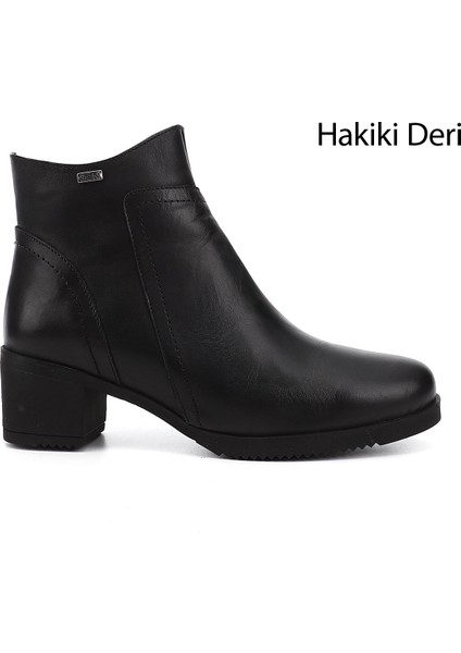 Kadın Siyah Fermuarlı Kalın Topuklu Hakiki Deri Bot
