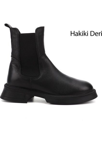 Kadın Siyah Kalın Taban Hakiki Deri Chelsea Bot